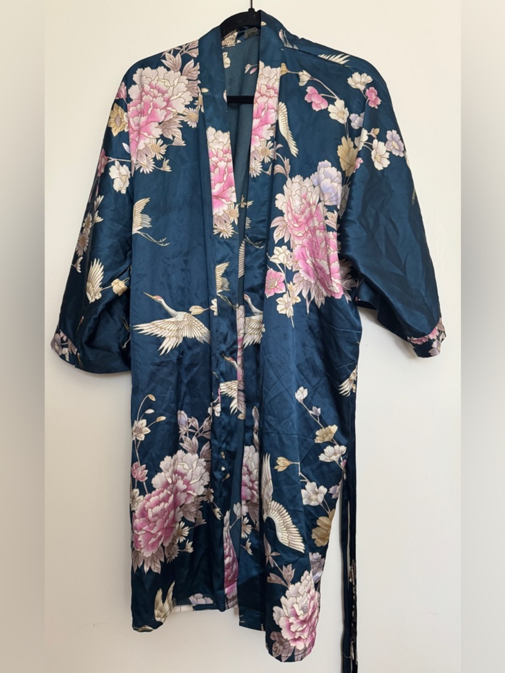 Silky Floral Kimono Robe in Deep Teal with Pink Blooms
